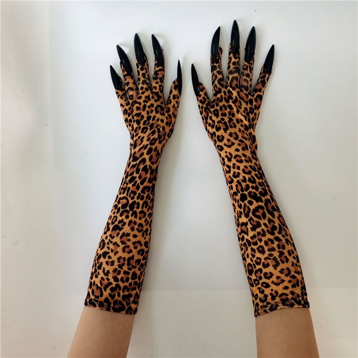 LEOPARD GLOVES WITH NAILS, 43CM
